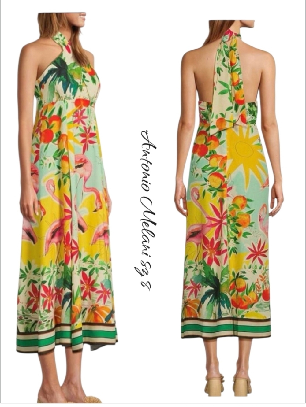 NWT Antonio Melani Alanna Tropical Linen Blend Halter A-Line Midi Dress Sz 8